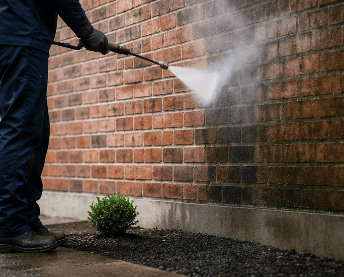 Steam cleaning brick wall
