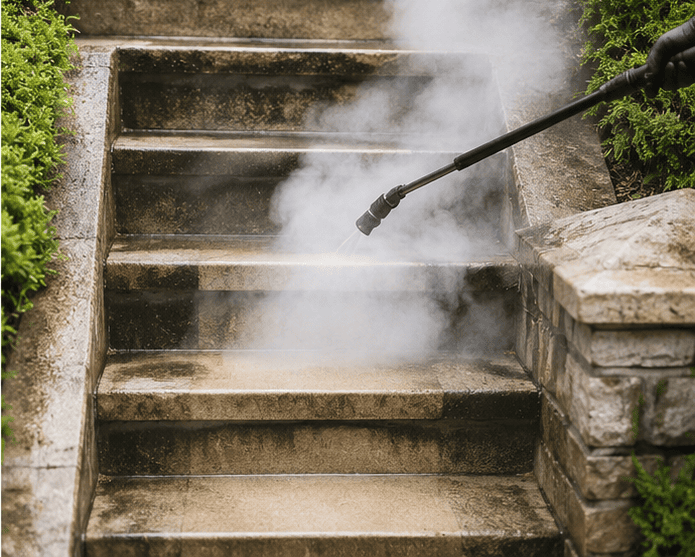 Steam cleaning outdoor steps